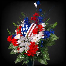Load image into Gallery viewer, This cemetery cone has grave flowers including Red, White, &amp; Blue Larkspur and American Flag heart. It is a patriotic memorial decoration.
