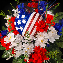 Load image into Gallery viewer, This cemetery cone has grave flowers including Red, White, &amp; Blue Larkspur and American Flag heart. It is a patriotic memorial decoration.
