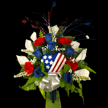 Load image into Gallery viewer, This patriotic memorial cemetery cone has grave flowers including red, white, and blue calla lilies &amp; roses and American flag heart.
