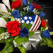 Load image into Gallery viewer, This patriotic memorial cemetery cone has grave flowers including red, white, and blue calla lilies &amp; roses and American flag heart.
