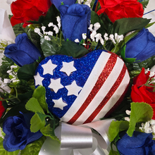 Load image into Gallery viewer, This patriotic memorial cemetery cone has grave flowers including red, white, and blue calla lilies &amp; roses and American flag heart.
