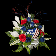 Load image into Gallery viewer, This patriotic memorial cemetery cone has grave flowers including red, white, and blue calla lilies &amp; roses and American flag heart.
