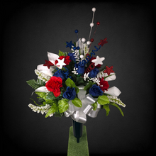 Load image into Gallery viewer, This patriotic memorial cemetery cone has grave flowers including red, white, and blue calla lilies &amp; roses and glitter stars.
