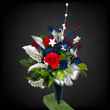 Load image into Gallery viewer, This patriotic memorial cemetery cone has grave flowers including red, white, and blue calla lilies &amp; roses and glitter stars.
