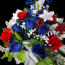 Load image into Gallery viewer, This patriotic memorial cemetery cone has grave flowers including red, white, and blue calla lilies &amp; roses and glitter stars.

