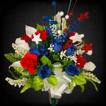 Load image into Gallery viewer, This patriotic memorial cemetery cone has grave flowers including red, white, and blue calla lilies &amp; roses and glitter stars.
