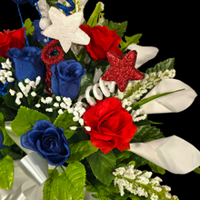 Load image into Gallery viewer, This patriotic memorial cemetery cone has grave flowers including red, white, and blue calla lilies &amp; roses and glitter stars.
