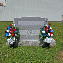 Load image into Gallery viewer, This patriotic memorial cemetery cone pair has grave flowers including red, white, and blue rosebuds and glitter stars.
