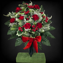 Load image into Gallery viewer, Jumbo Christmas memorial decoration with red roses, berries, holly, and snowy pine.
