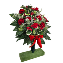 Load image into Gallery viewer, Jumbo Christmas memorial decoration with red roses, berries, holly, and snowy pine.
