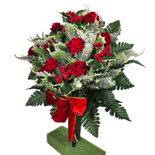 Load image into Gallery viewer, Jumbo Christmas memorial decoration with red roses, berries, holly, and snowy pine.
