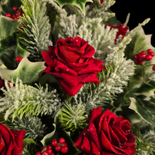 Load image into Gallery viewer, Jumbo Christmas memorial decoration with red roses, berries, holly, and snowy pine.
