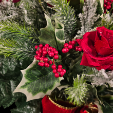 Load image into Gallery viewer, Jumbo Christmas memorial decoration with red roses, berries, holly, and snowy pine.
