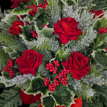 Load image into Gallery viewer, Jumbo Christmas memorial decoration with red roses, berries, holly, and snowy pine.
