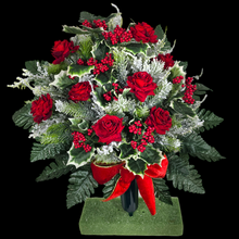 Load image into Gallery viewer, Jumbo Christmas memorial decoration with red roses, berries, holly, and snowy pine.
