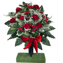 Load image into Gallery viewer, Jumbo Christmas memorial decoration with red roses, berries, holly, and snowy pine.
