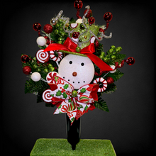 Load image into Gallery viewer, Christmas memorial decoration with red &amp; green glitter accented snowman with a top hat.
