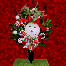 Load image into Gallery viewer, Christmas memorial decoration with red &amp; green glitter accented snowman with a top hat.
