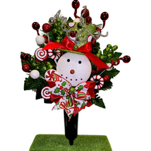 Load image into Gallery viewer, Christmas memorial decoration with red &amp; green glitter accented snowman with a top hat.
