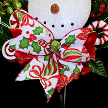 Load image into Gallery viewer, Christmas memorial decoration with red &amp; green glitter accented snowman with a top hat.
