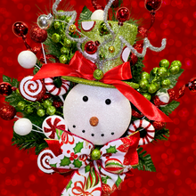 Load image into Gallery viewer, Christmas memorial decoration with red &amp; green glitter accented snowman with a top hat.
