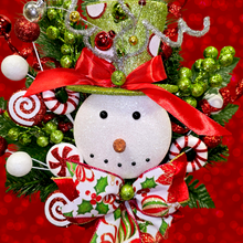 Load image into Gallery viewer, Christmas memorial decoration with red &amp; green glitter accented snowman with a top hat.
