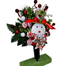 Load image into Gallery viewer, Christmas memorial decoration with red &amp; green glitter accented snowman with a top hat.
