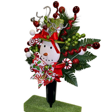 Load image into Gallery viewer, Christmas memorial decoration with red &amp; green glitter accented snowman with a top hat.
