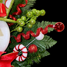 Load image into Gallery viewer, Christmas memorial decoration with red &amp; green glitter accented snowman with a top hat.
