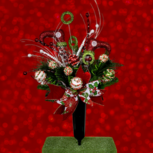 Load image into Gallery viewer, Christmas memorial decoration with red &amp; green elf shoes, glitter accented picks, and a festive bow.
