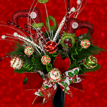 Load image into Gallery viewer, Christmas memorial decoration with red &amp; green elf shoes, glitter accented picks, and a festive bow.
