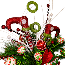 Load image into Gallery viewer, Christmas memorial decoration with red &amp; green elf shoes, glitter accented picks, and a festive bow.
