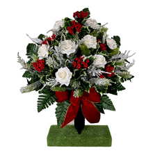 Load image into Gallery viewer, Jumbo Christmas memorial decoration with white roses, berries, holly, and snowy pine.
