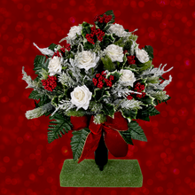 Load image into Gallery viewer, Jumbo Christmas memorial decoration with white roses, berries, holly, and snowy pine.
