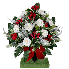 Load image into Gallery viewer, Jumbo Christmas memorial decoration with white roses, berries, holly, and snowy pine.
