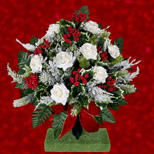 Load image into Gallery viewer, Jumbo Christmas memorial decoration with white roses, berries, holly, and snowy pine.
