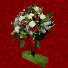 Load image into Gallery viewer, Jumbo Christmas memorial decoration with white roses, berries, holly, and snowy pine.
