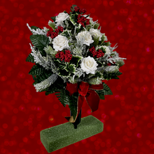 Load image into Gallery viewer, Jumbo Christmas memorial decoration with white roses, berries, holly, and snowy pine.
