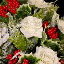 Load image into Gallery viewer, Jumbo Christmas memorial decoration with white roses, berries, holly, and snowy pine.
