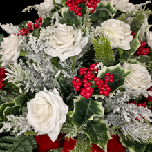 Load image into Gallery viewer, Jumbo Christmas memorial decoration with white roses, berries, holly, and snowy pine.
