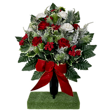 Load image into Gallery viewer, Jumbo Christmas memorial decoration with white &amp; red roses, berries, holly, and snowy pine.
