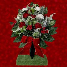 Load image into Gallery viewer, Jumbo Christmas memorial decoration with white &amp; red roses, berries, holly, and snowy pine.
