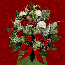 Load image into Gallery viewer, Jumbo Christmas memorial decoration with white &amp; red roses, berries, holly, and snowy pine.
