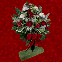 Load image into Gallery viewer, Jumbo Christmas memorial decoration with white &amp; red roses, berries, holly, and snowy pine.
