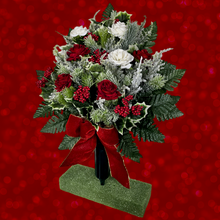 Load image into Gallery viewer, Jumbo Christmas memorial decoration with white &amp; red roses, berries, holly, and snowy pine.
