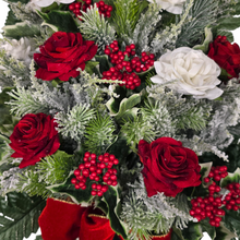 Load image into Gallery viewer, Jumbo Christmas memorial decoration with white &amp; red roses, berries, holly, and snowy pine.
