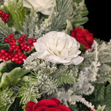 Load image into Gallery viewer, Jumbo Christmas memorial decoration with white &amp; red roses, berries, holly, and snowy pine.
