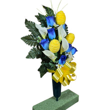 Load image into Gallery viewer, Easter Memorial Decoration Blue Rosebud and Cream Calla Lily with Yellow Easter Eggs Cemetery Cone
