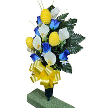 Load image into Gallery viewer, Easter Memorial Decoration Blue Rosebud and Cream Calla Lily with Yellow Easter Eggs Cemetery Cone

