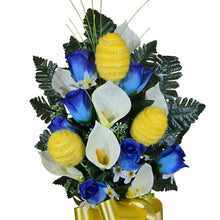 Load image into Gallery viewer, Easter Memorial Decoration Blue Rosebud and Cream Calla Lily with Yellow Easter Eggs Cemetery Cone
